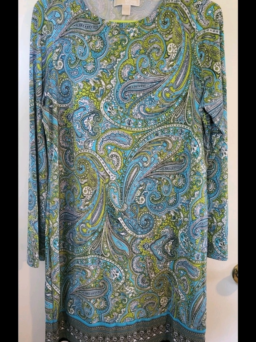 Michael Kors Women's Long Sleeve Sheath Dress Blue Green Paisley Stretch Large